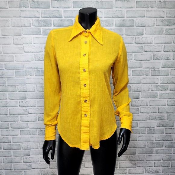 Vintage 70s Campus Casuals of Calif S Yellow Sheer Gauze Knit L/S Button Up Top - Picture 1 of 7